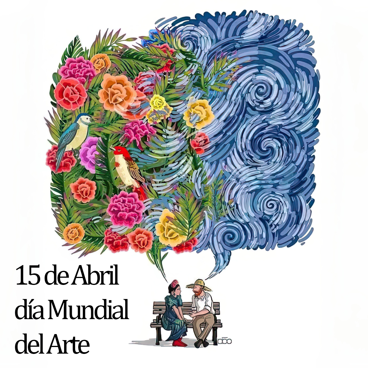 Ilustración artística de Van Gogh conversando con Frida Kahlo en celebración Día Mundial del Arte