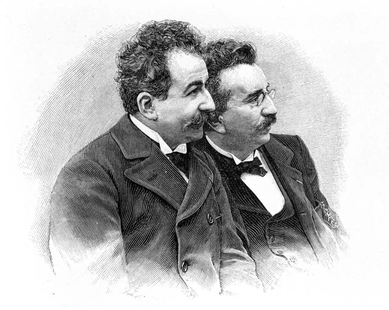 Auguste y Louis Lumière inventores del cinematógrafo retrato histórico siglo XIX
