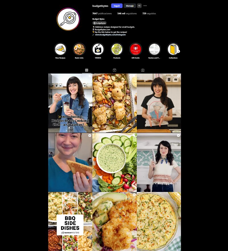 Captura de pantalla del feed de Instagram @budgetbytes mostrando fotografía de comida con paleta turquesa y blanco característicos 